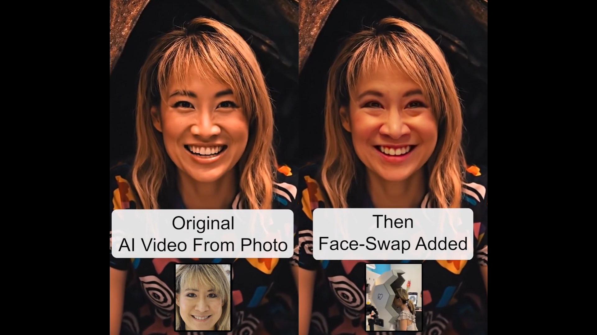 Side by side comparison of AI video to face-swap video