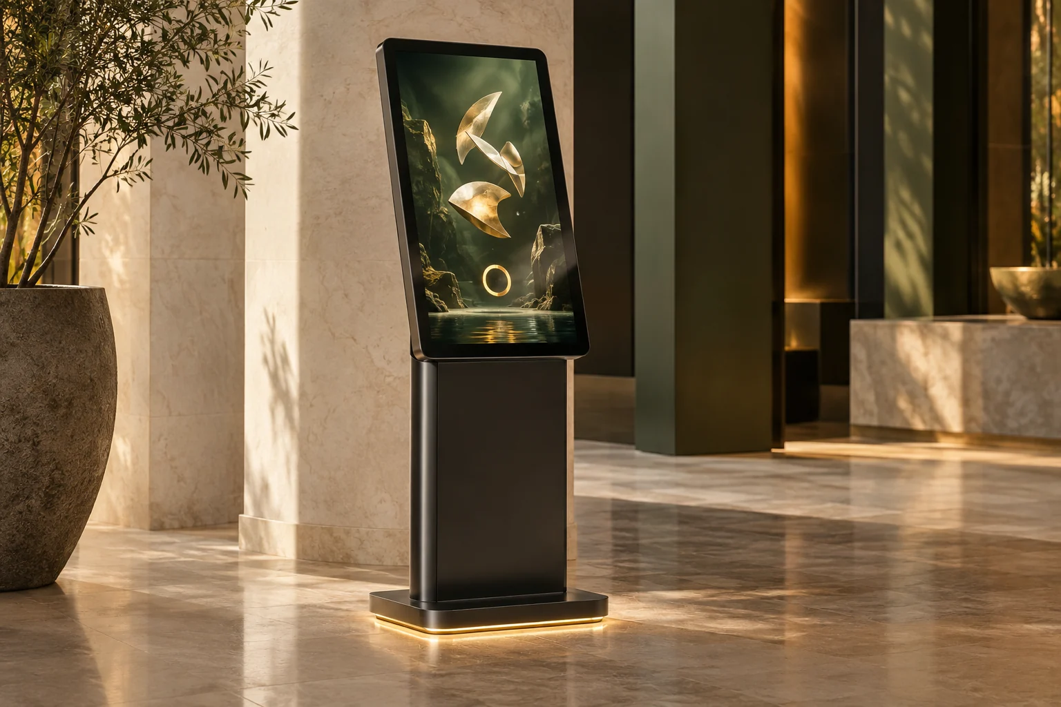 A dark touchscreen kiosk in a warm stone interior, showing an interactive gold-and-green environment.
