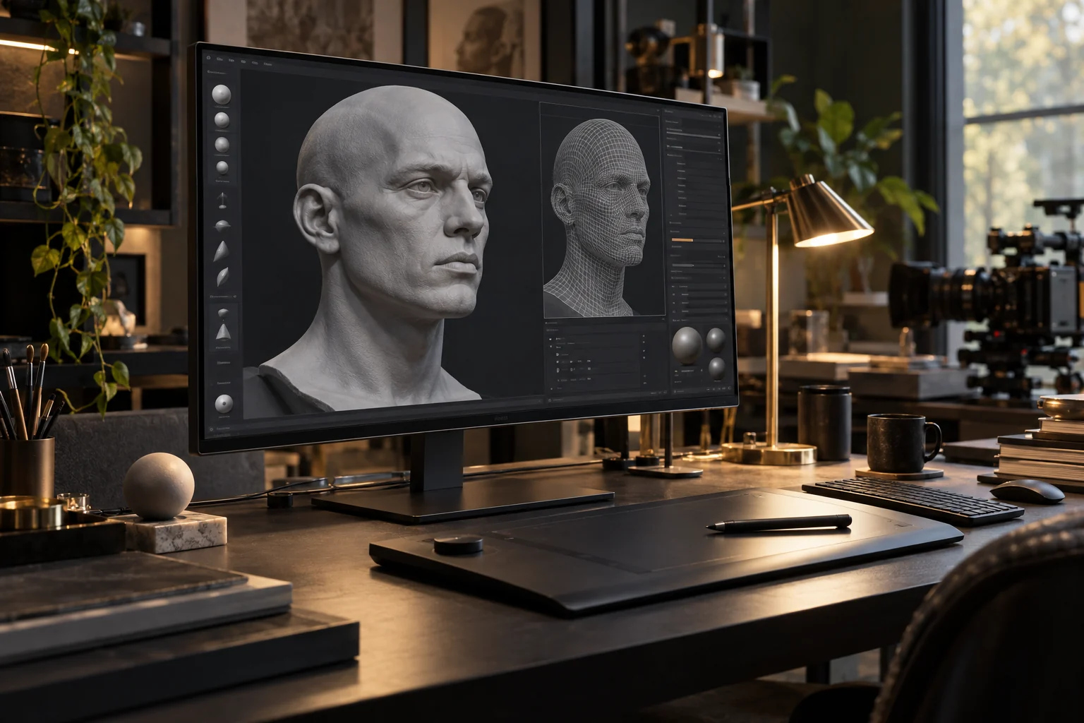 A production workstation displaying a fictional digital head sculpt and its wireframe geometry.
